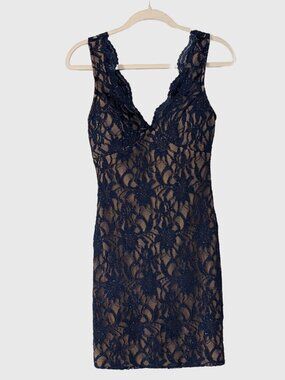 Jodi Kristopher Navy Lace Dress Nude Lining Bodycon Cocktail Size 3